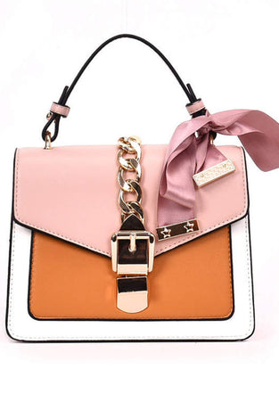 luxury handbag with scarf, chain and buckle