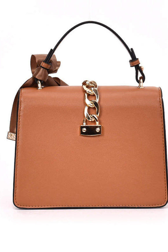 luxury handbag with scarf, chain and buckle